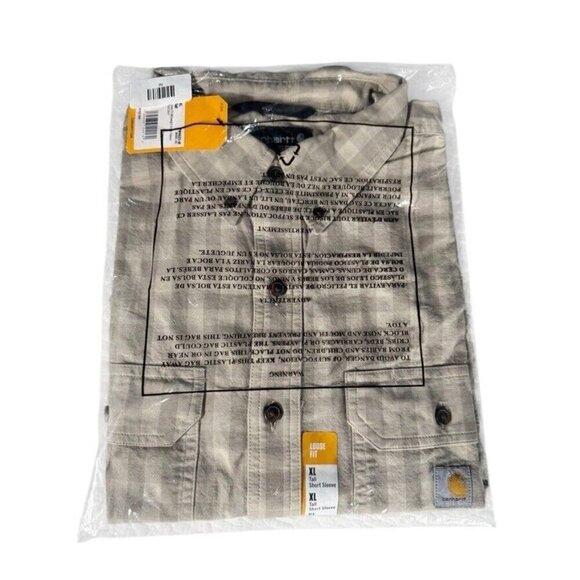 Carhartt Men's Sz XL Tall Loose Fit Tan Plaid Short Sleeve Button Down Shirt NWT - Picture 1 of 7